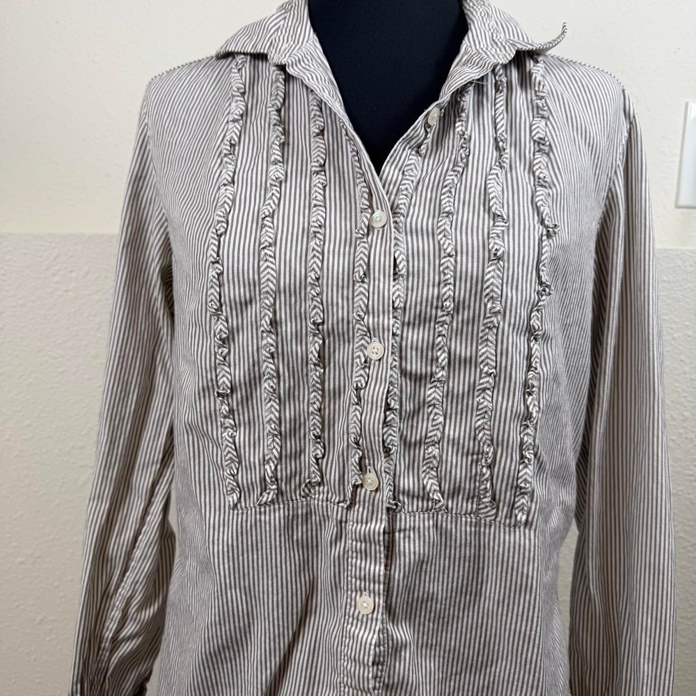 Talbots Vintage 100% Cotton Preppy Striped Ruffle Button-Up Blouse — Size S - Picture 2 of 6
